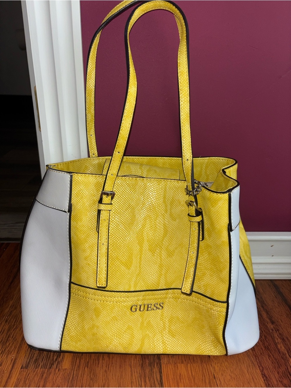 GUESS Yellow and White Panel Tote with Dual Straps